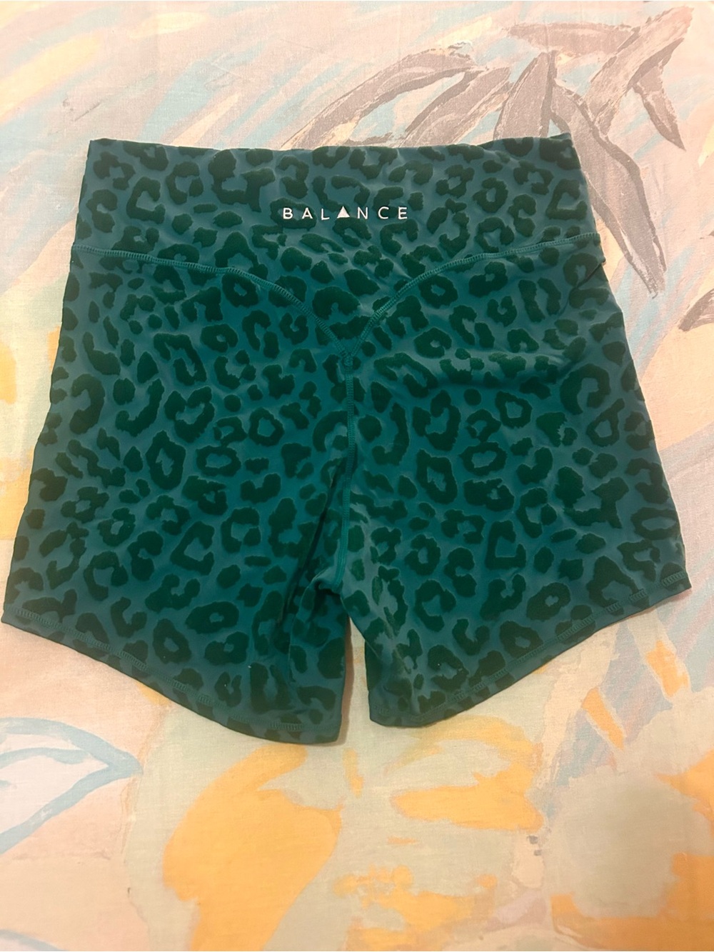 Balance Athletica • Green Leopard Print Velvet Biker Shorts
